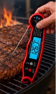 Digital meat thermometer showing steak temperature while grilling outdoors.