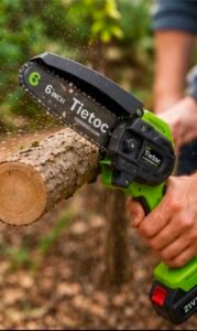 Compact 6-inch cordless chainsaw trimming tree branches and cutting small limbs outdoors.