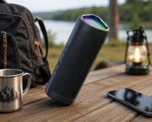 Portable Bluetooth speaker playing music outdoors beside a camp mug, lantern, and backpack near a lakeside campsite. 🎵🏕️