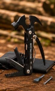 Multi-purpose 12-in-1 hammer tool combining a hammer, pliers, screwdriver, and other useful tools.